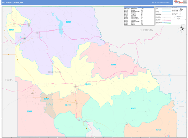 Big Horn County, WY Wall Map Color Cast Style